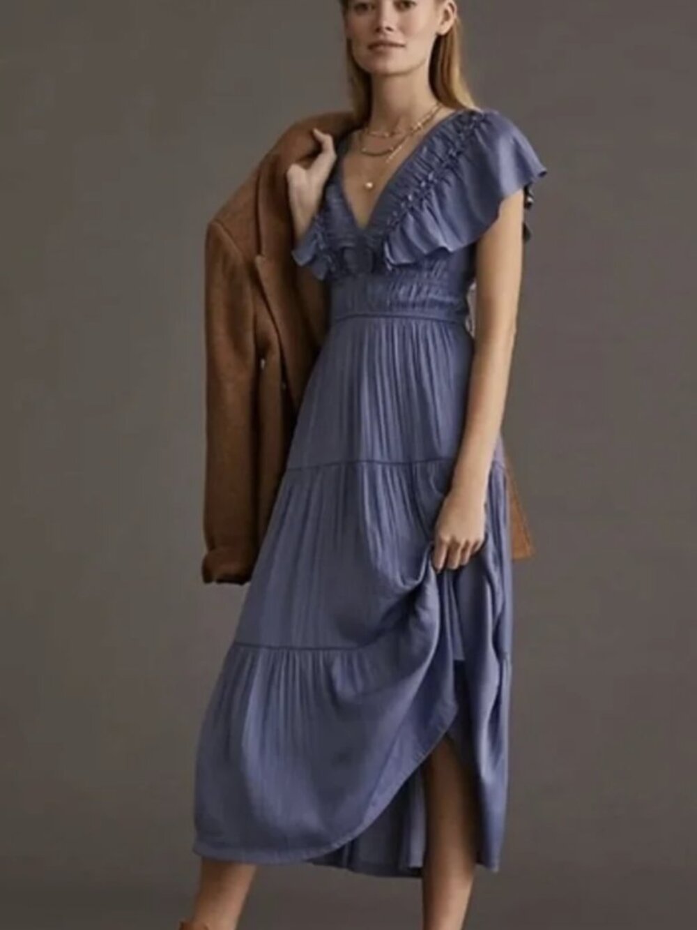 Anthropologie 1X Dress Blue Silky Satin Tiered Ruffle Midi